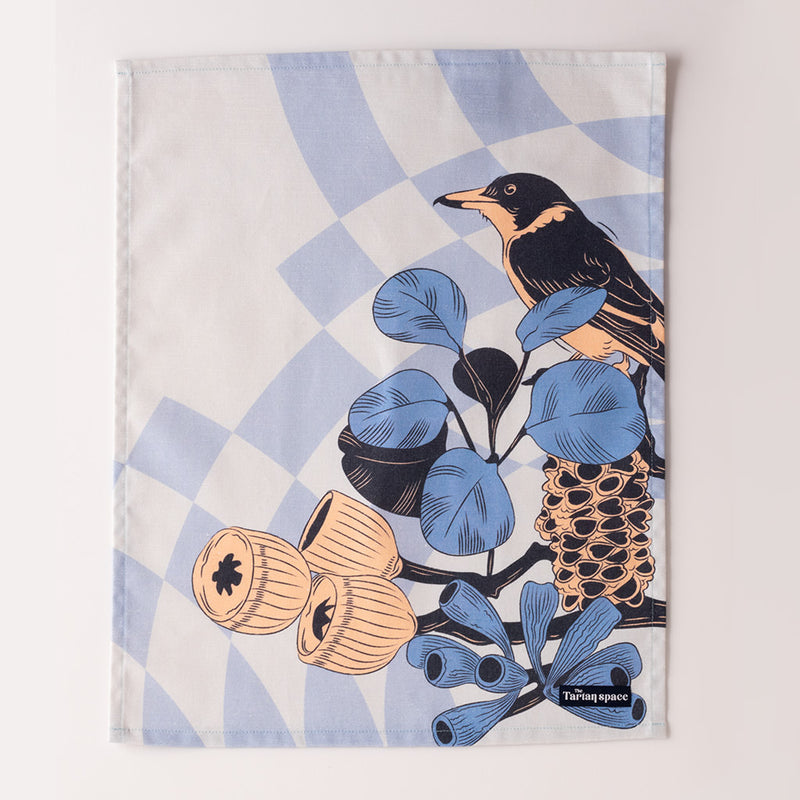 My Feathered Friend Blue Check Tea Towel - Flat View