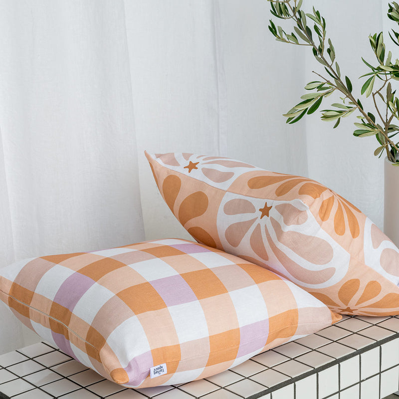 Lilac & Cinnamon Tartan Linen Cushion Cover - In Situ - On Bench