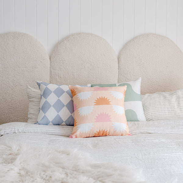 Lucy Diamond Blue Linen Cushion Cover - In Situ - Bed