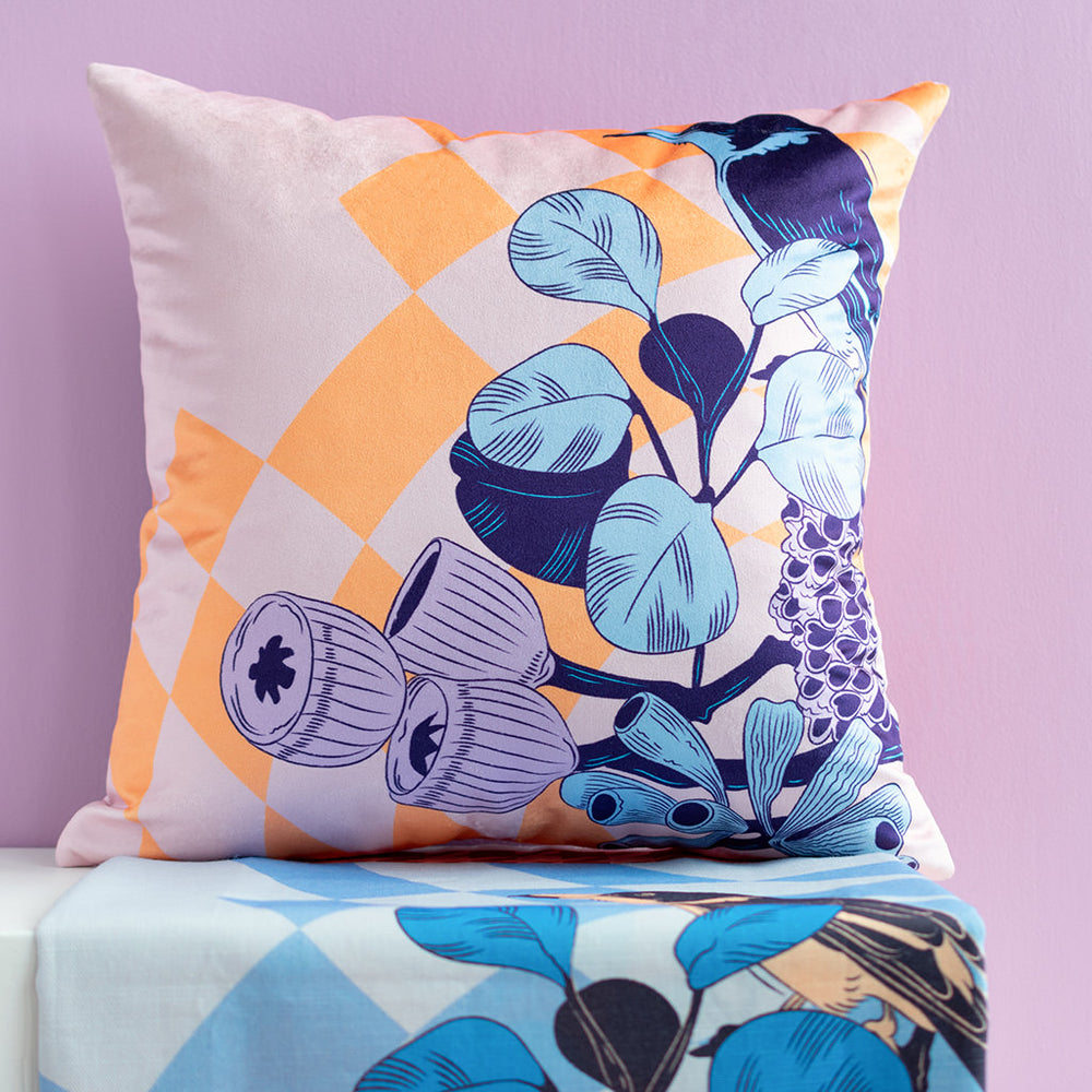 My Feathered Friend Pink Yellow Velvet Cushion Cover Teneille Grace Art