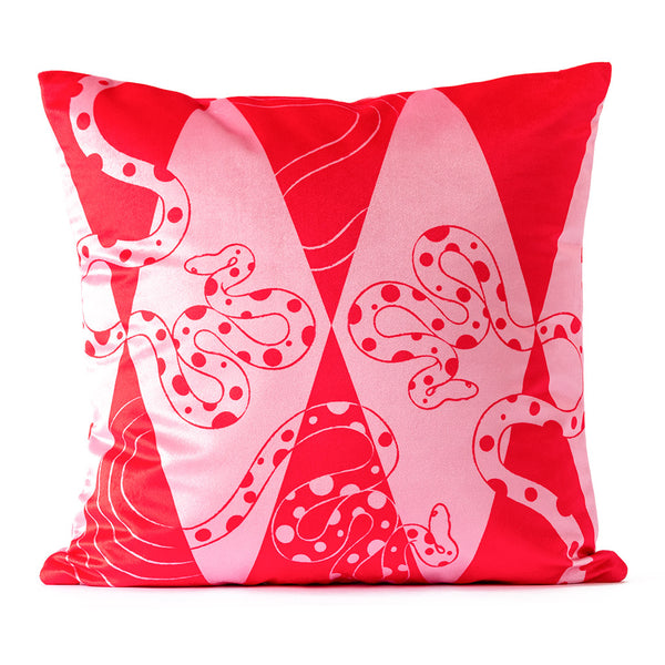 Snazzy Snakes Red & Pink Velvet Cushion - Front View