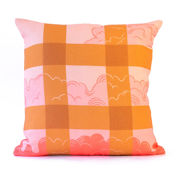 Tartan Skies Peachy Pink Linen Cushion - Front View